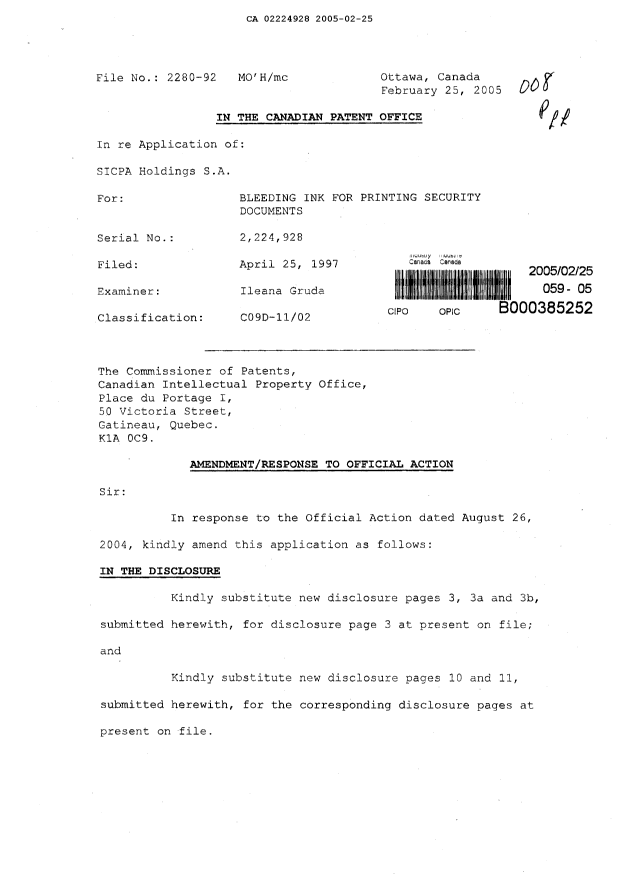 Document de brevet canadien 2224928. Poursuite-Amendment 20050225. Image 1 de 19