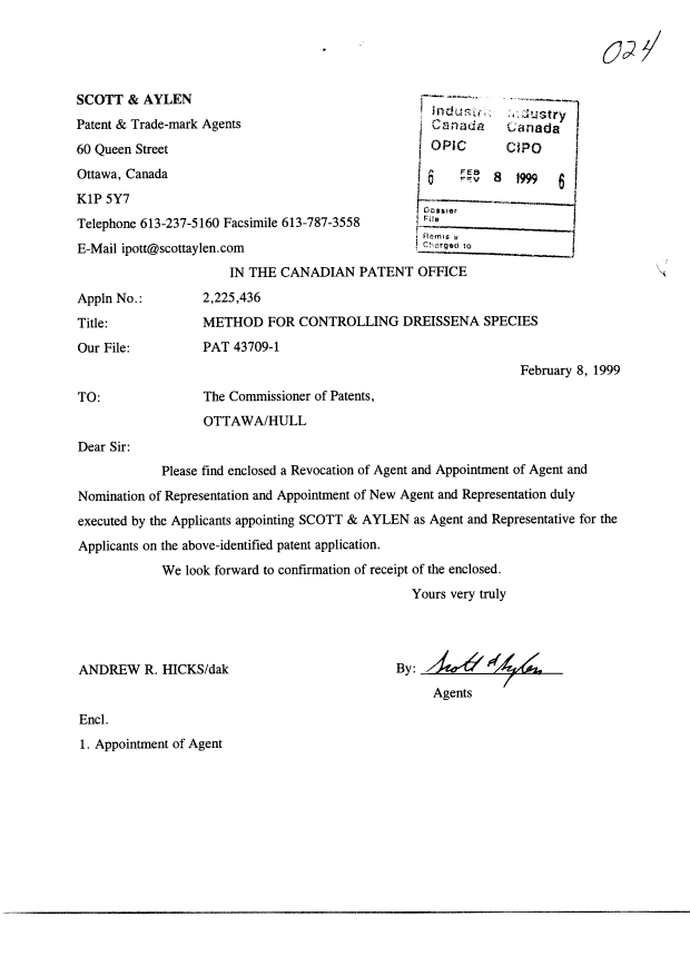 Canadian Patent Document 2225436. Correspondence 19981208. Image 1 of 2