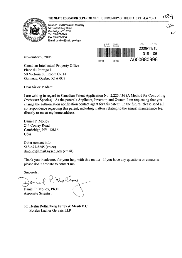 Document de brevet canadien 2225436. Correspondance 20061115. Image 1 de 1