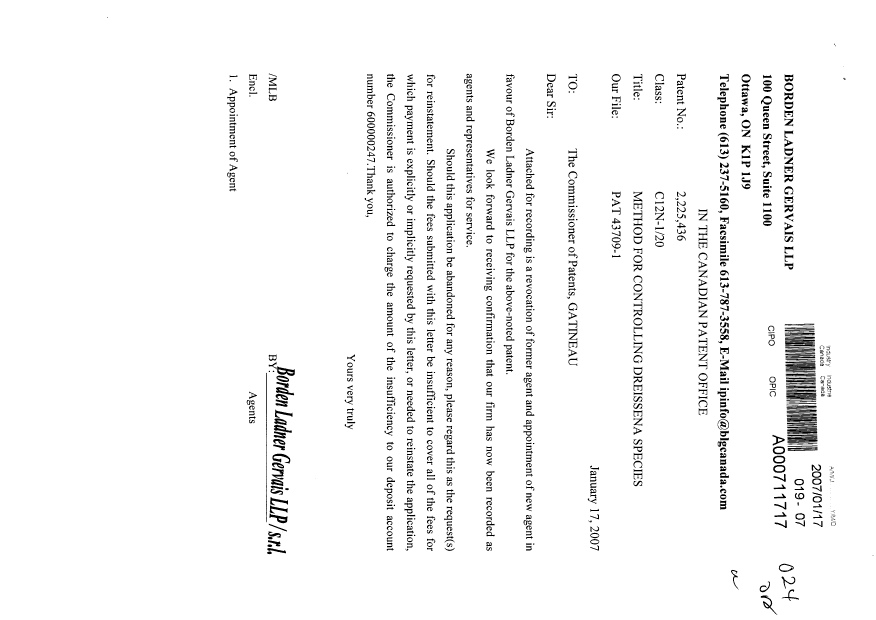 Document de brevet canadien 2225436. Correspondance 20070117. Image 1 de 2