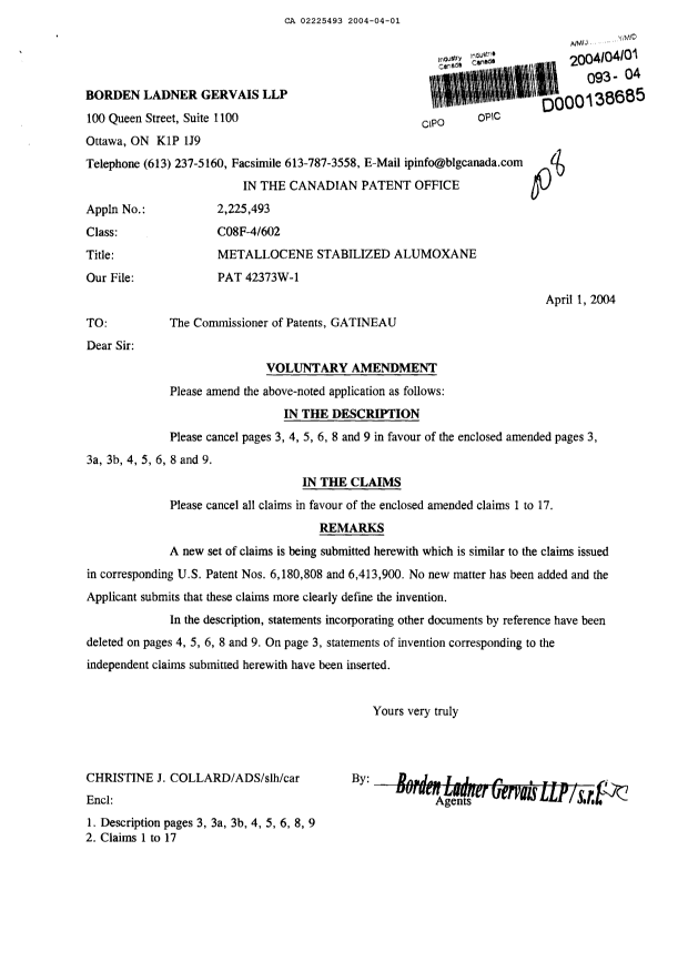 Canadian Patent Document 2225493. Prosecution-Amendment 20031201. Image 1 of 13