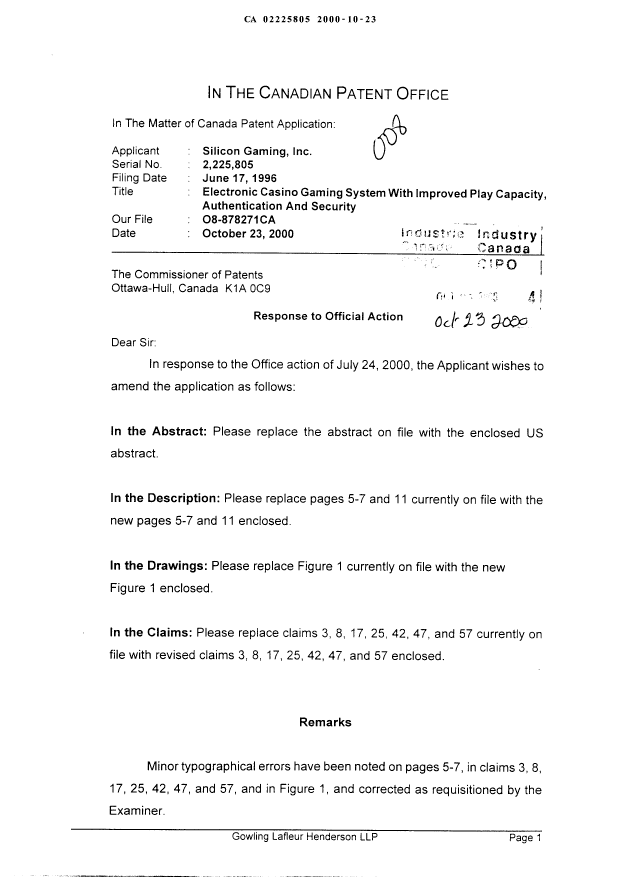 Canadian Patent Document 2225805. Prosecution-Amendment 20001023. Image 1 of 16