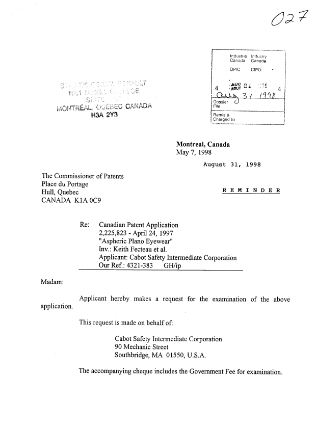 Canadian Patent Document 2225823. Prosecution-Amendment 19980831. Image 1 of 2