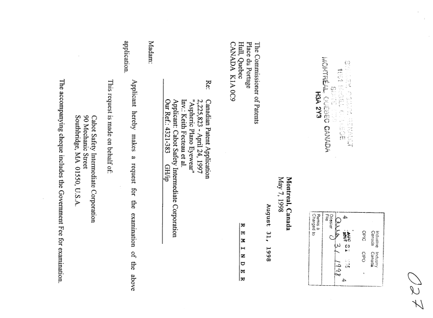 Canadian Patent Document 2225823. Prosecution-Amendment 19980831. Image 1 of 2