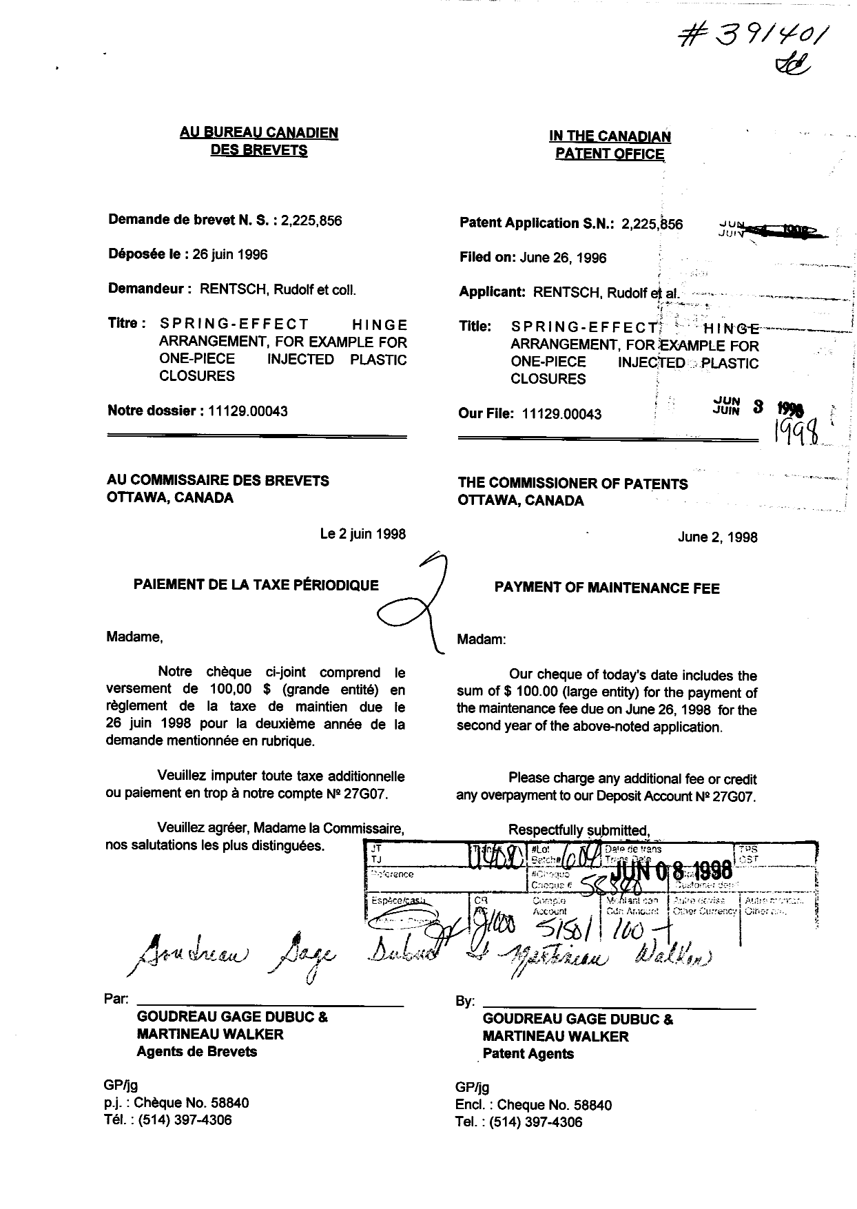 Canadian Patent Document 2225856. Fees 19980603. Image 1 of 1