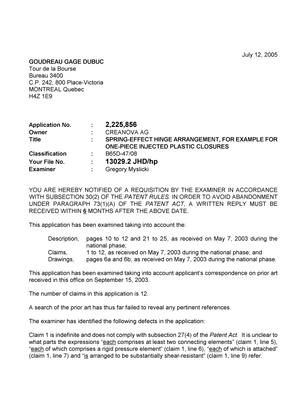 Canadian Patent Document 2225856. Prosecution-Amendment 20050712. Image 1 of 3
