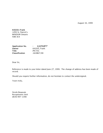 Document de brevet canadien 2225877. Correspondance 19990816. Image 1 de 1