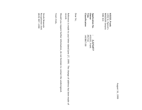 Canadian Patent Document 2225877. Correspondence 19990816. Image 1 of 1