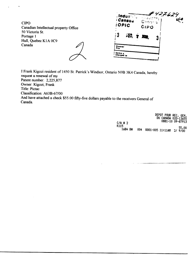 Document de brevet canadien 2225877. Taxes 20000207. Image 1 de 1