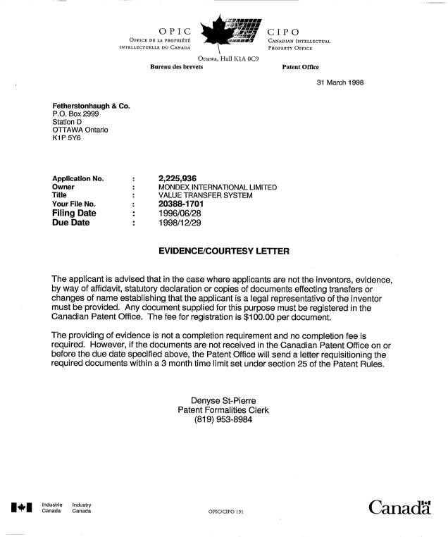 Document de brevet canadien 2225936. Correspondance 19980331. Image 1 de 1