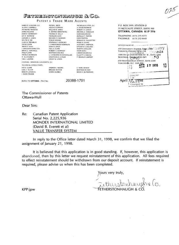 Document de brevet canadien 2225936. Cession 19980417. Image 1 de 1