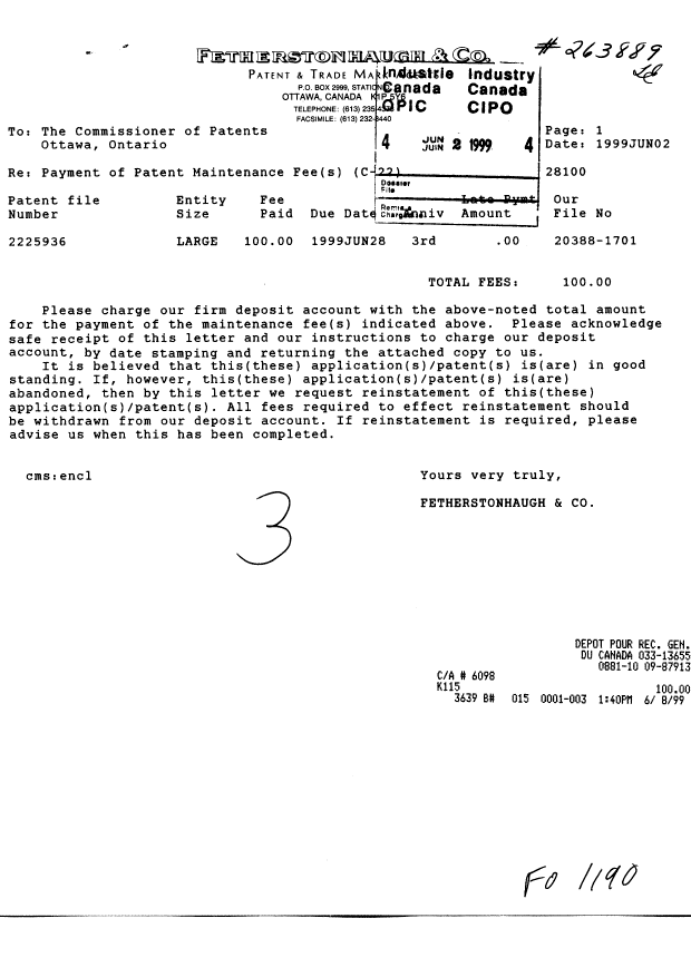 Document de brevet canadien 2225936. Taxes 19990602. Image 1 de 1