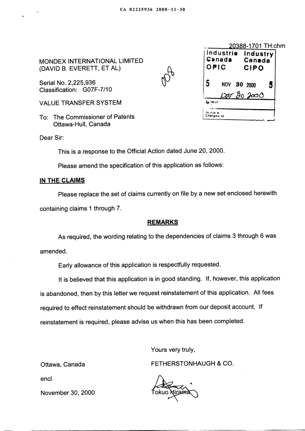 Canadian Patent Document 2225936. Prosecution-Amendment 20001130. Image 1 of 3