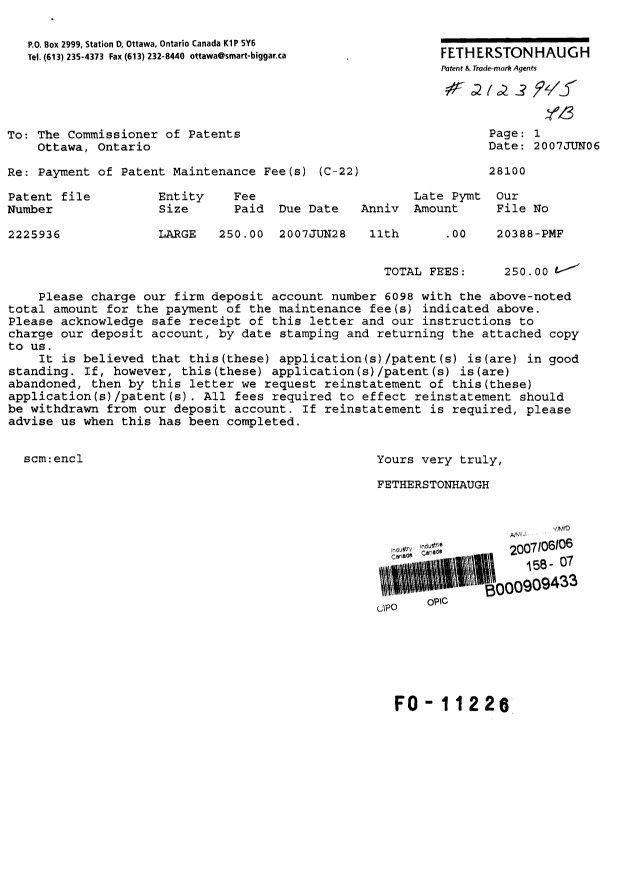 Document de brevet canadien 2225936. Taxes 20070606. Image 1 de 1