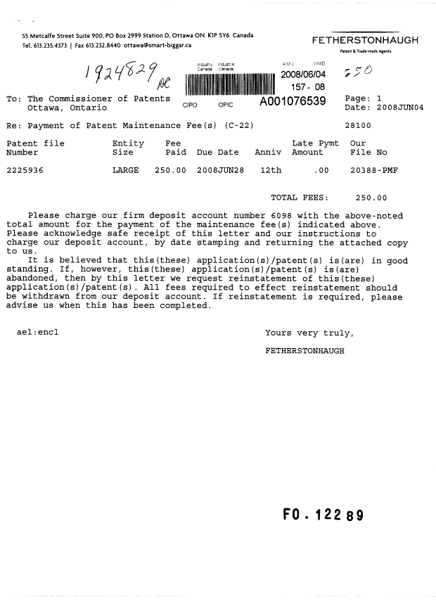 Document de brevet canadien 2225936. Taxes 20080604. Image 1 de 1