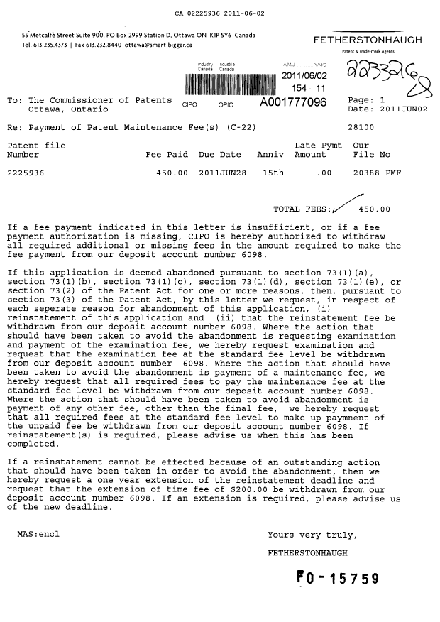 Document de brevet canadien 2225936. Taxes 20110602. Image 1 de 1