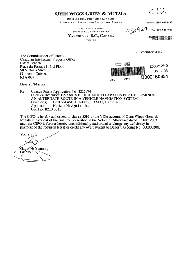 Document de brevet canadien 2225974. Correspondance 20031219. Image 1 de 1