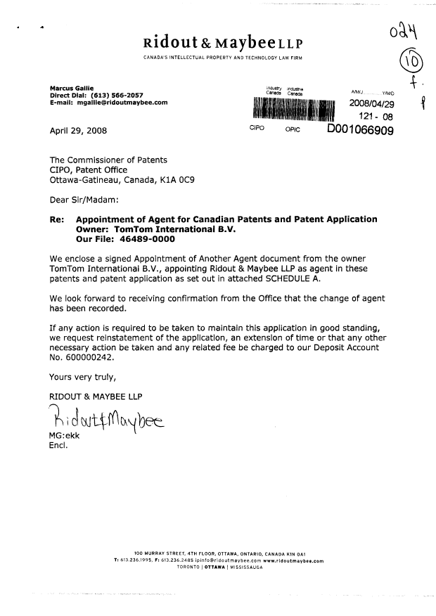 Document de brevet canadien 2225974. Correspondance 20080429. Image 1 de 3