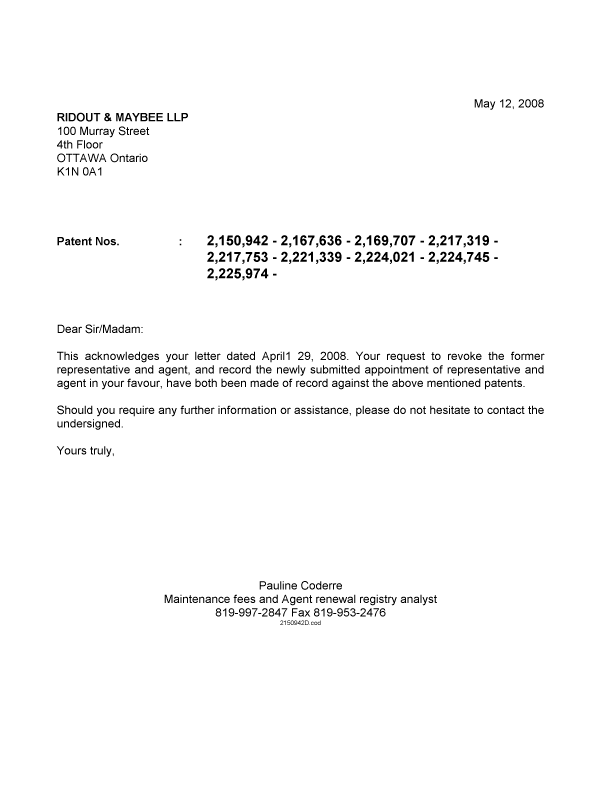 Document de brevet canadien 2225974. Correspondance 20080512. Image 1 de 1