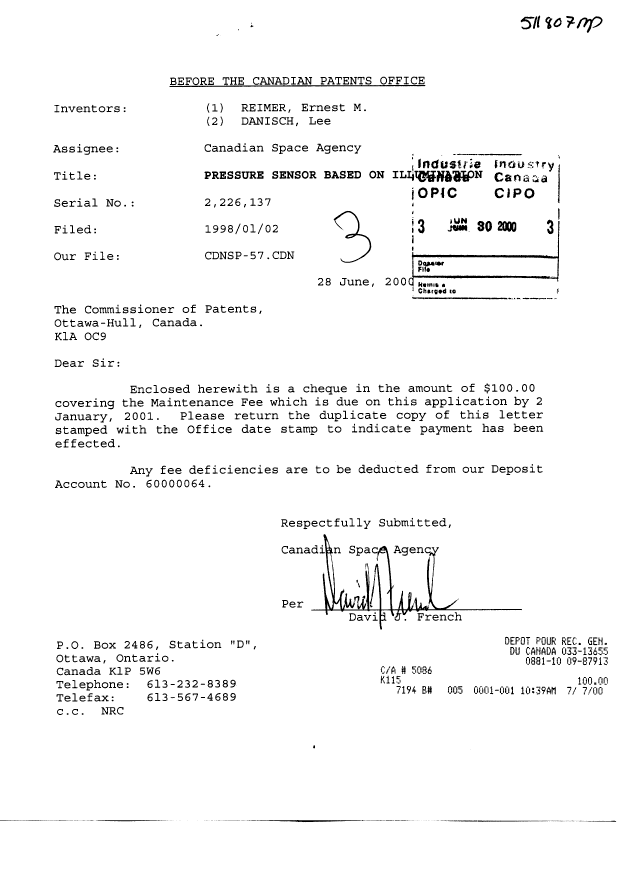 Document de brevet canadien 2226137. Taxes 19991230. Image 1 de 1