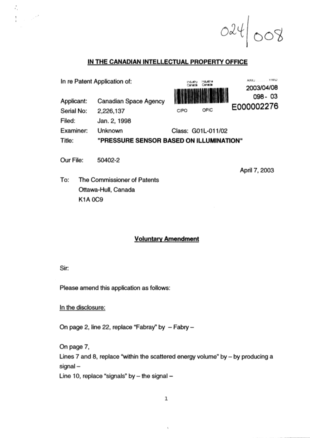 Document de brevet canadien 2226137. Correspondance 20021208. Image 1 de 9