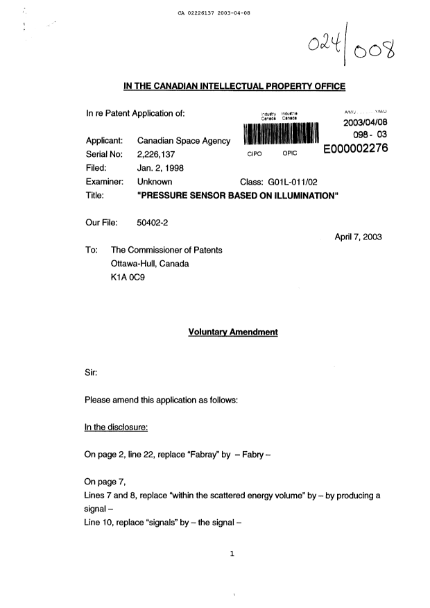 Document de brevet canadien 2226137. Poursuite-Amendment 20021208. Image 1 de 31