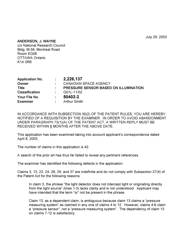 Canadian Patent Document 2226137. Prosecution-Amendment 20021229. Image 1 of 2