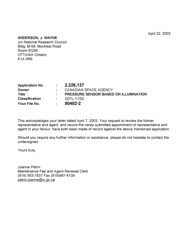 Canadian Patent Document 2226137. Correspondence 20030422. Image 1 of 1
