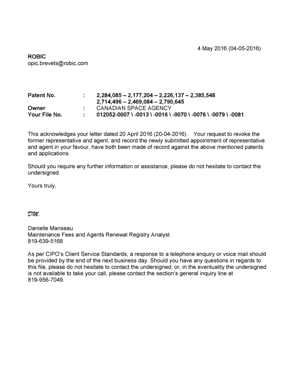 Document de brevet canadien 2226137. Correspondance 20151204. Image 1 de 1