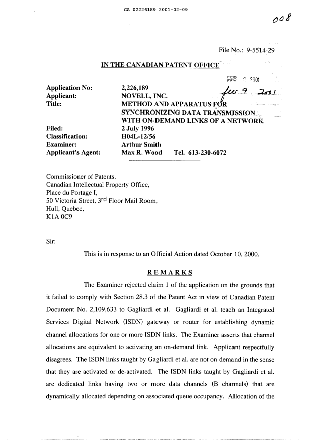 Canadian Patent Document 2226189. Prosecution-Amendment 20010209. Image 1 of 3