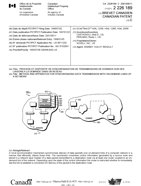 Canadian Patent Document 2226189. Cover Page 20010827. Image 1 of 1