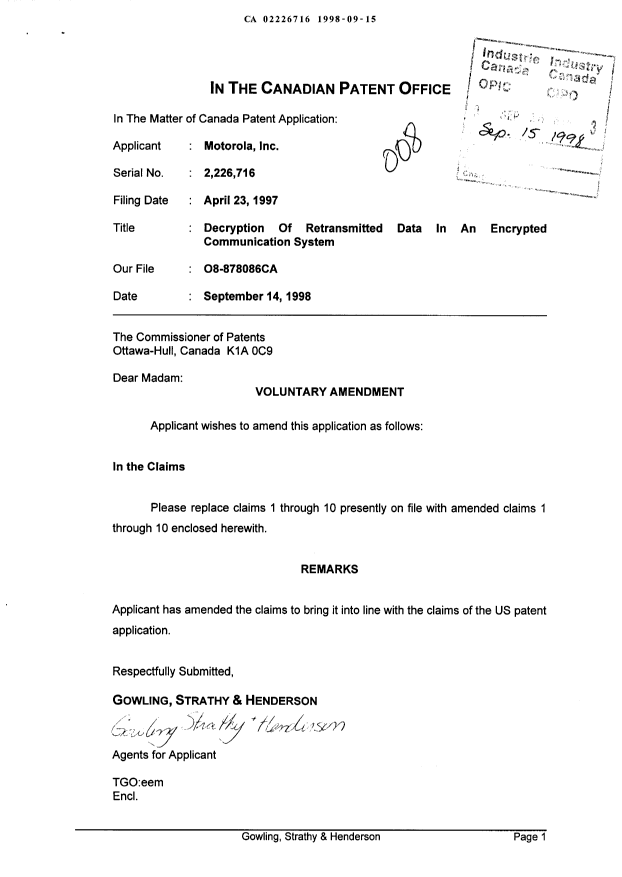 Canadian Patent Document 2226716. Prosecution-Amendment 19980915. Image 1 of 5
