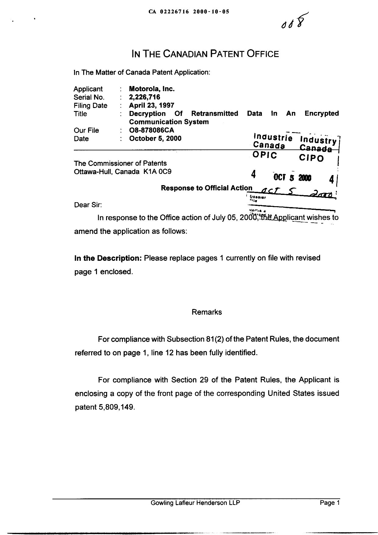 Canadian Patent Document 2226716. Prosecution-Amendment 20001005. Image 1 of 4