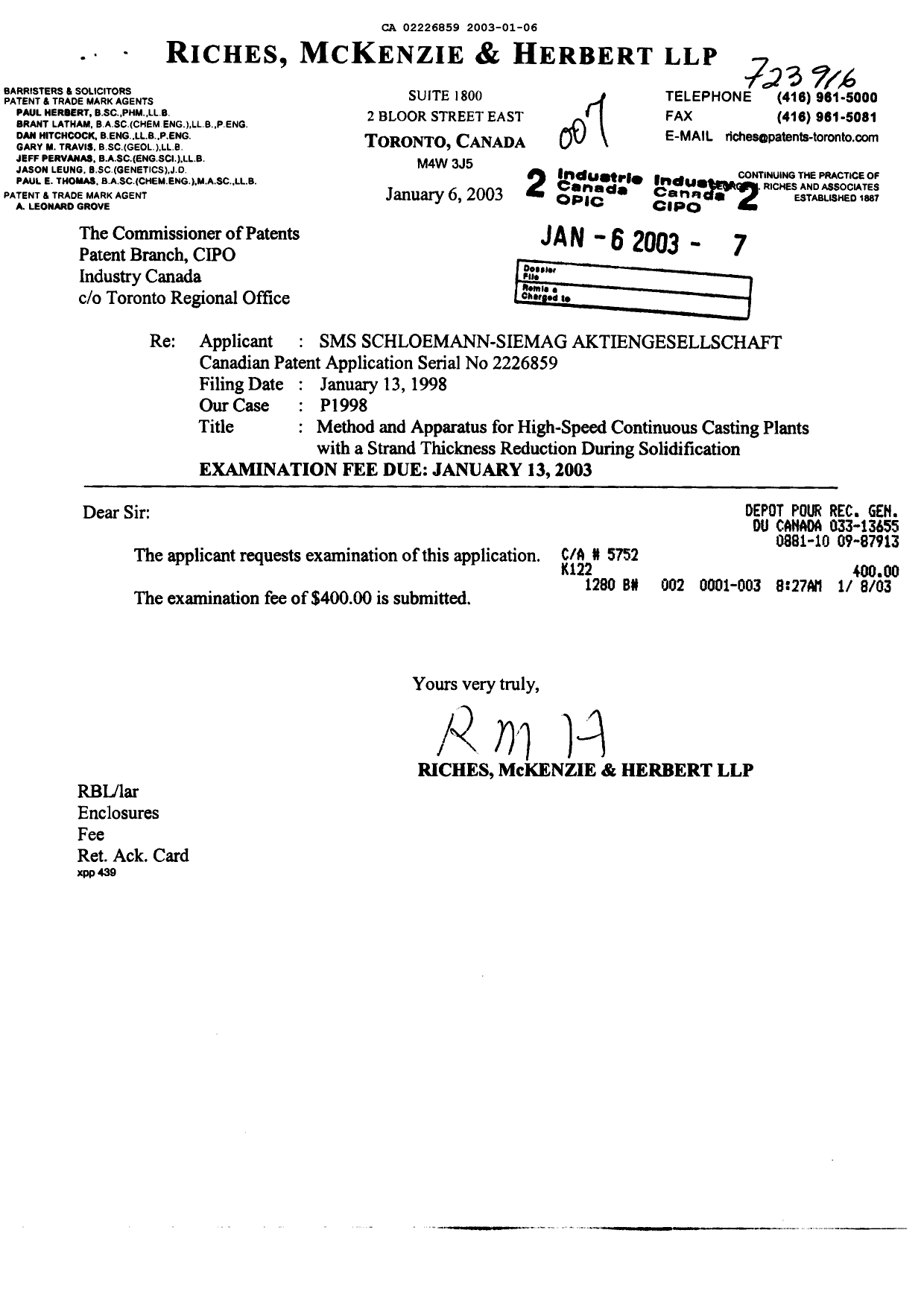 Canadian Patent Document 2226859. Prosecution-Amendment 20030106. Image 1 of 1