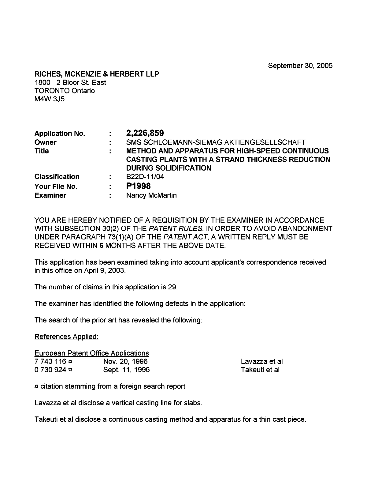 Canadian Patent Document 2226859. Prosecution-Amendment 20050930. Image 1 of 3