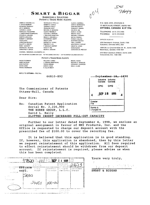Canadian Patent Document 2226900. Assignment 19980918. Image 1 of 2