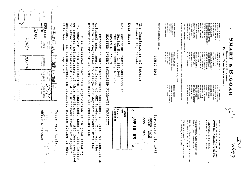 Canadian Patent Document 2226900. Assignment 19980918. Image 1 of 2