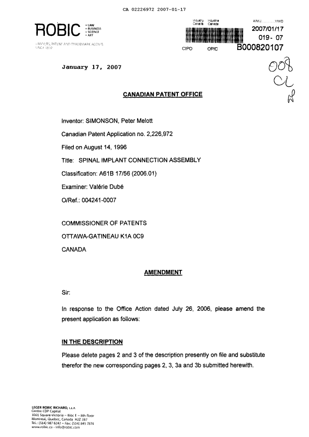 Canadian Patent Document 2226972. Prosecution-Amendment 20061217. Image 1 of 12