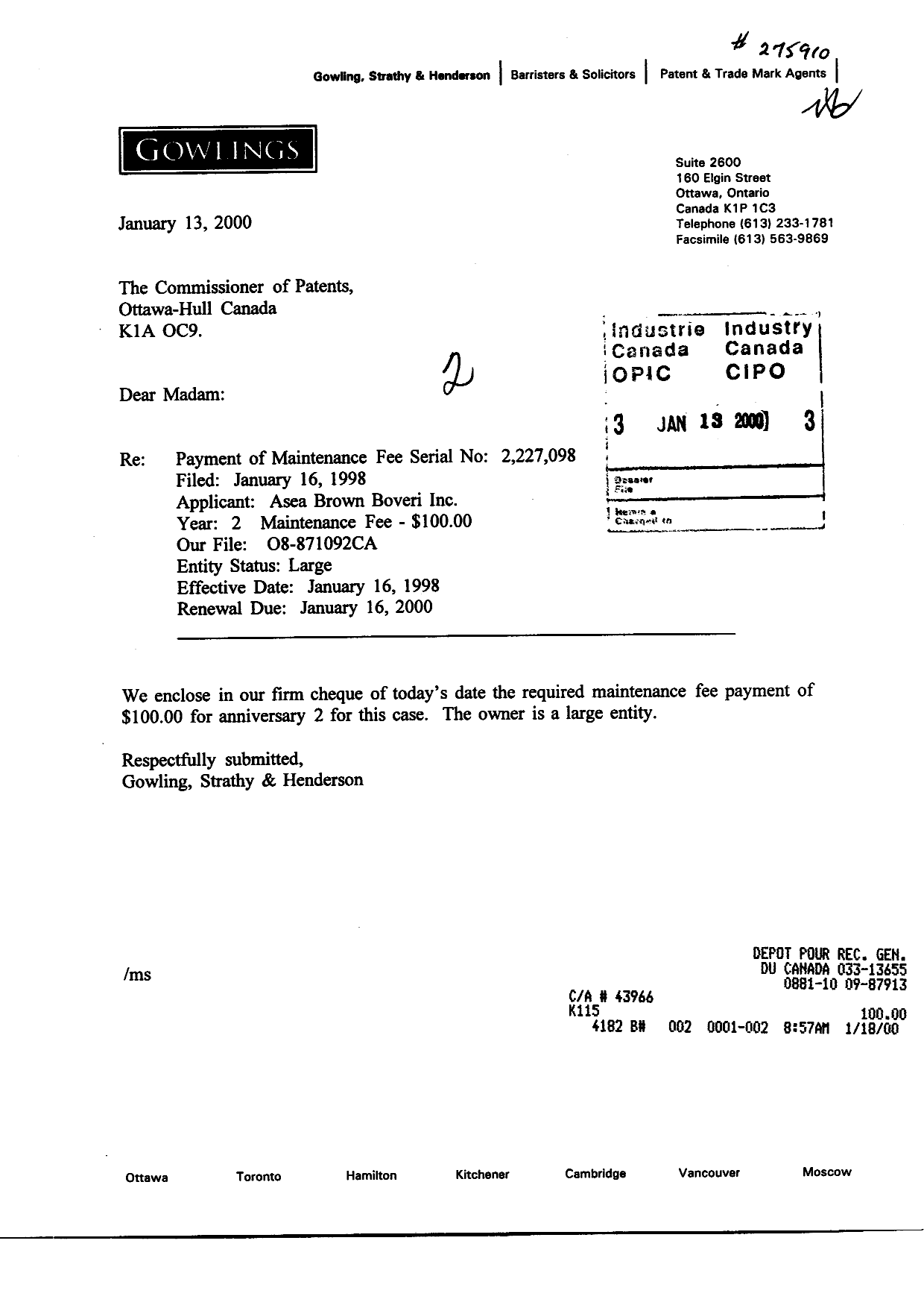 Document de brevet canadien 2227098. Taxes 20000113. Image 1 de 1