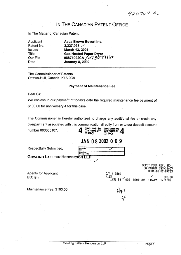 Canadian Patent Document 2227098. Fees 20020108. Image 1 of 1