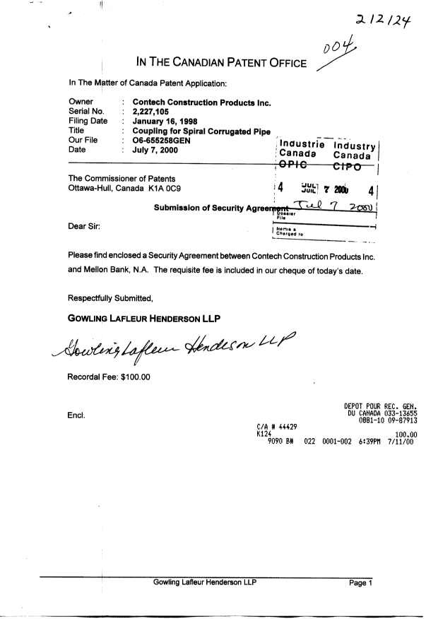 Document de brevet canadien 2227105. Cession 20000707. Image 1 de 20