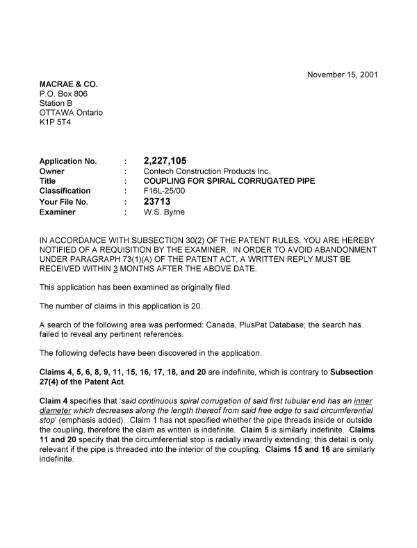 Canadian Patent Document 2227105. Prosecution-Amendment 20011115. Image 1 of 2