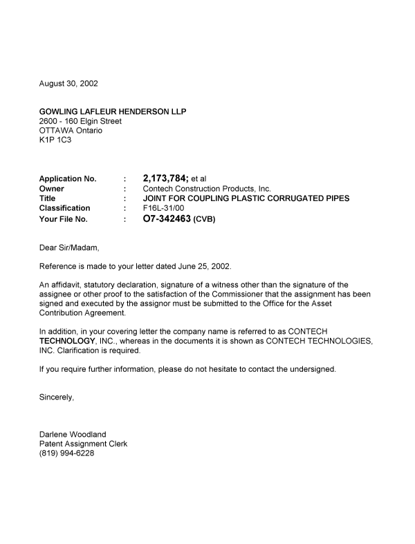 Document de brevet canadien 2227105. Correspondance 20020903. Image 1 de 1