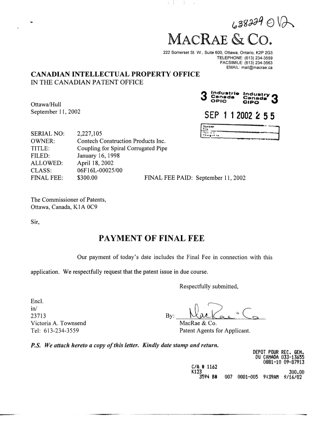 Document de brevet canadien 2227105. Correspondance 20020911. Image 1 de 1