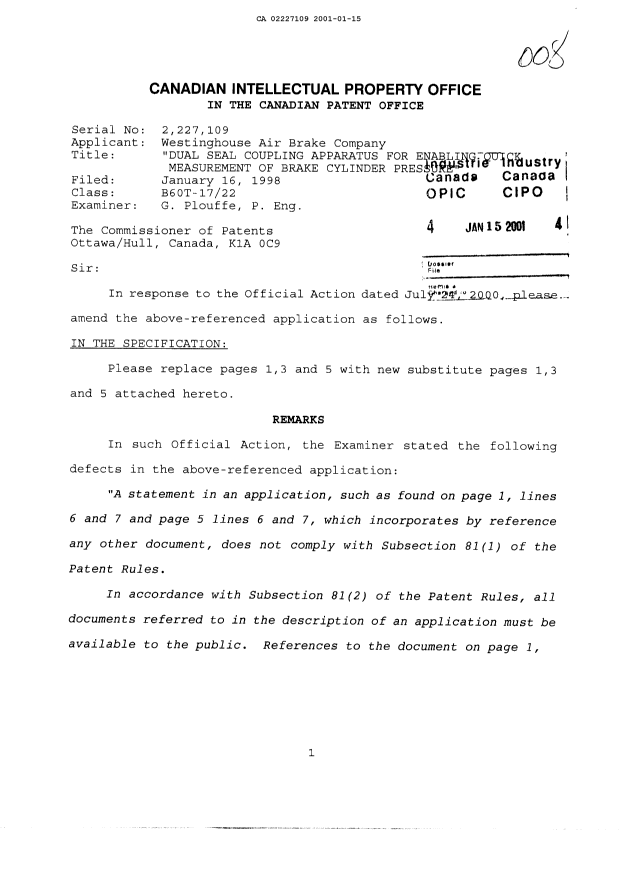 Canadian Patent Document 2227109. Prosecution-Amendment 20010115. Image 1 of 6