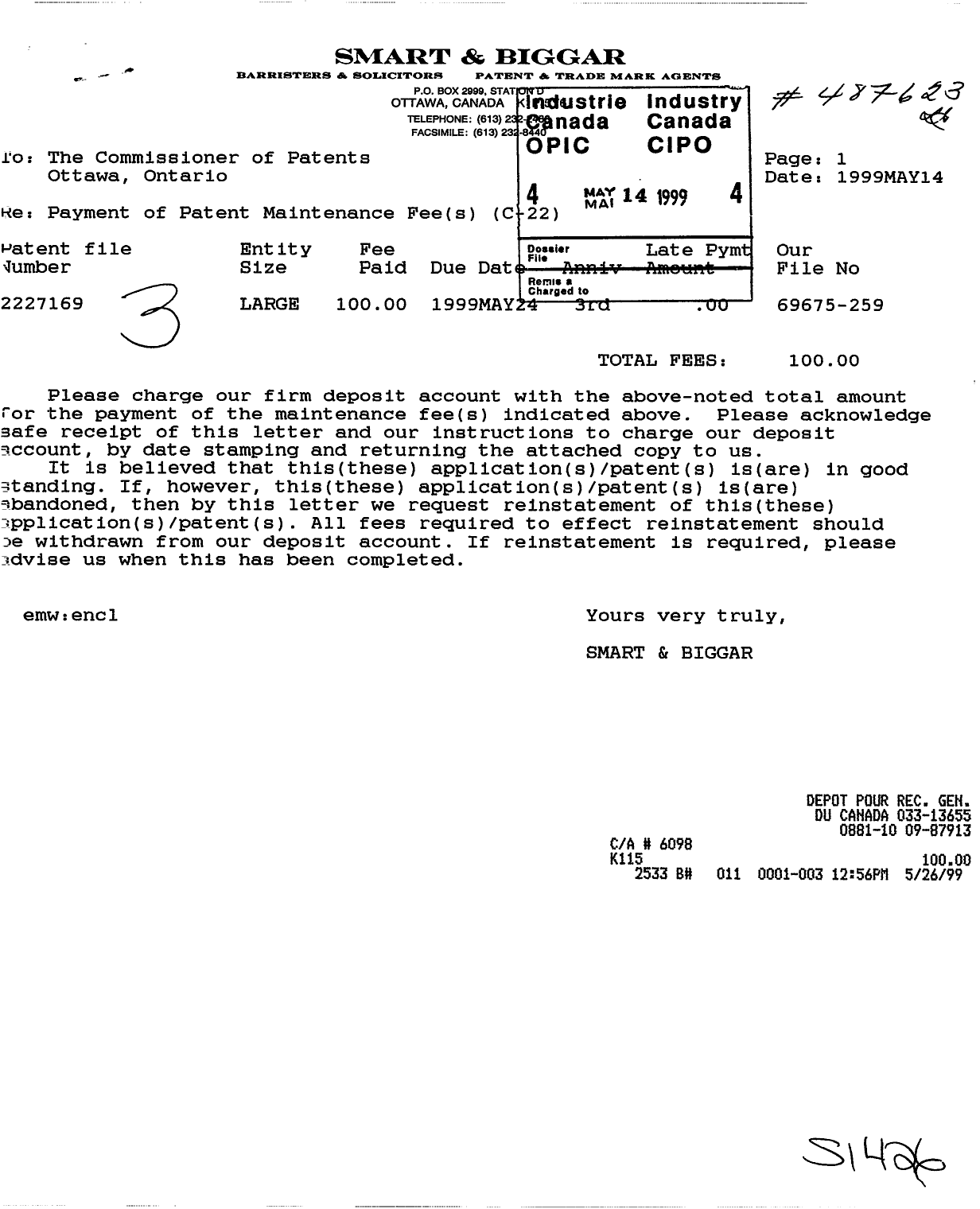 Document de brevet canadien 2227169. Taxes 19990514. Image 1 de 1