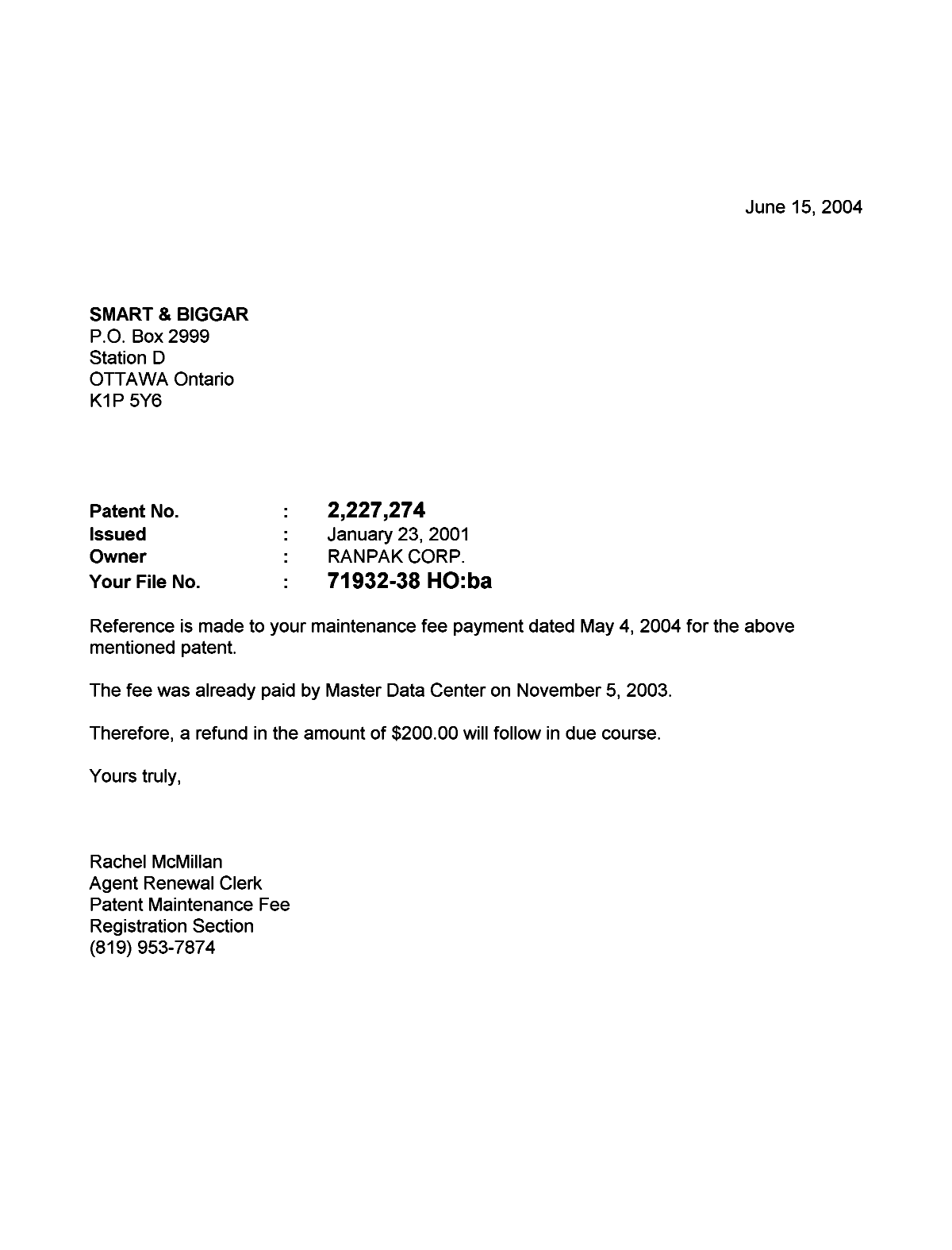 Canadian Patent Document 2227274. Correspondence 20040615. Image 1 of 1