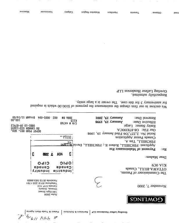 Canadian Patent Document 2227336. Fees 20001107. Image 1 of 1