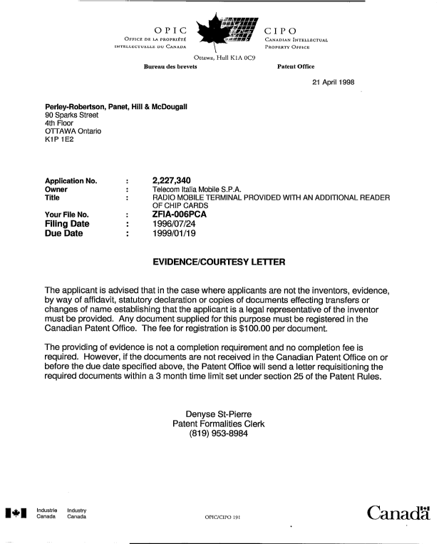 Document de brevet canadien 2227340. Correspondance 19980421. Image 1 de 1