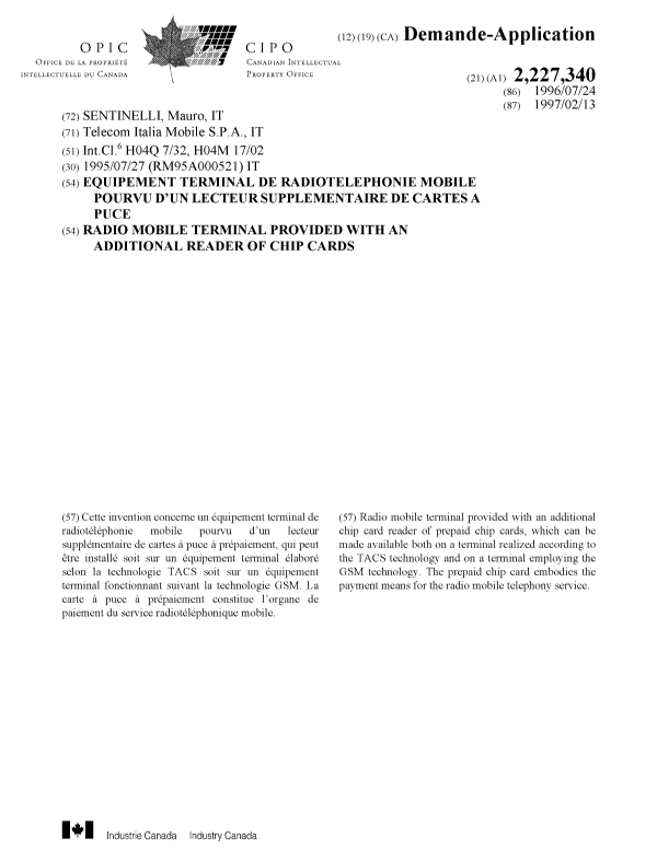 Document de brevet canadien 2227340. Page couverture 19980519. Image 1 de 1